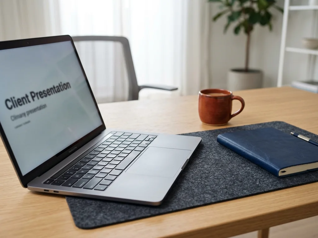 Espace de travail professionnel avec ordinateur ouvert prêt pour un échange avec un client.